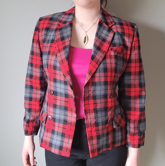 1980s red black plaid double breasted blazer - Picture 4 of 12